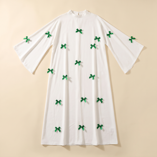 SITRĀ Bow-Detail Flared Sleeve Kaftan — Green Bow flat lay