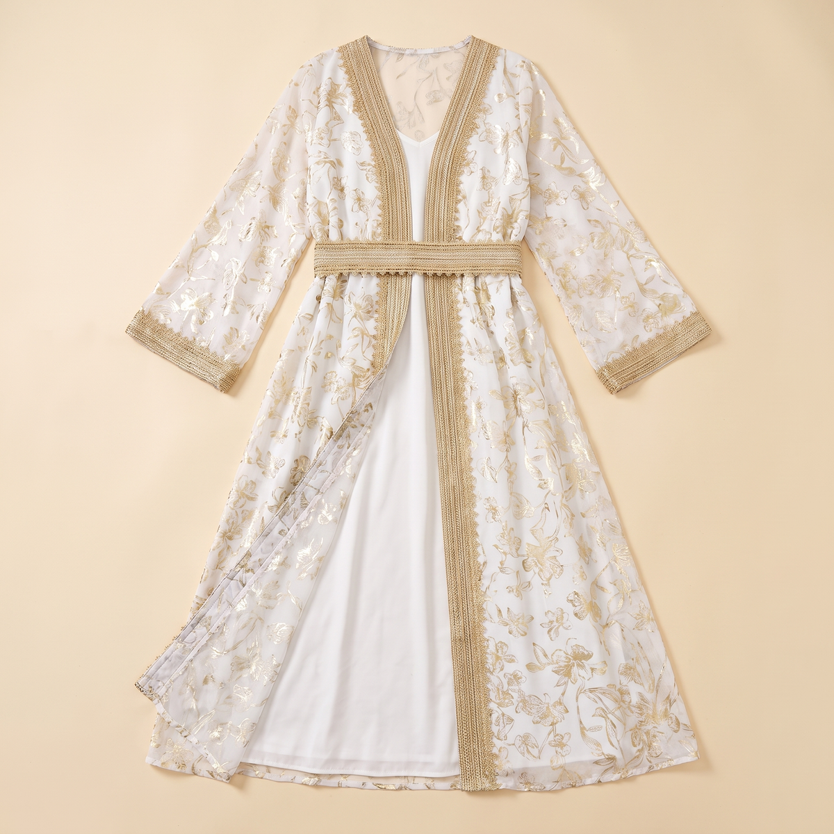 SITRĀ Belted Kaftan for Evening Wear — White flat lay