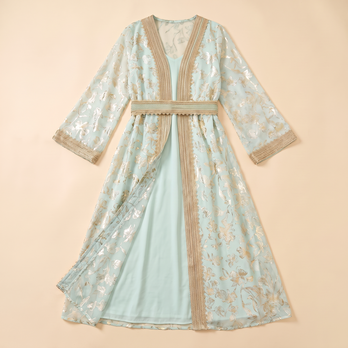SITRĀ Belted Kaftan for Evening Wear — Light Green flat lay