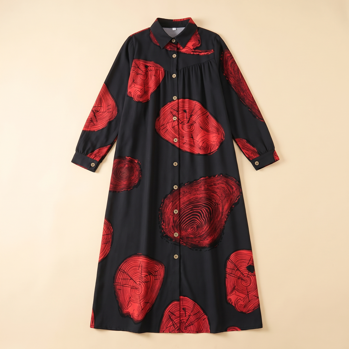 SITRĀ Button-Front Shirt Dress Abaya — Red Circle Print flat lay