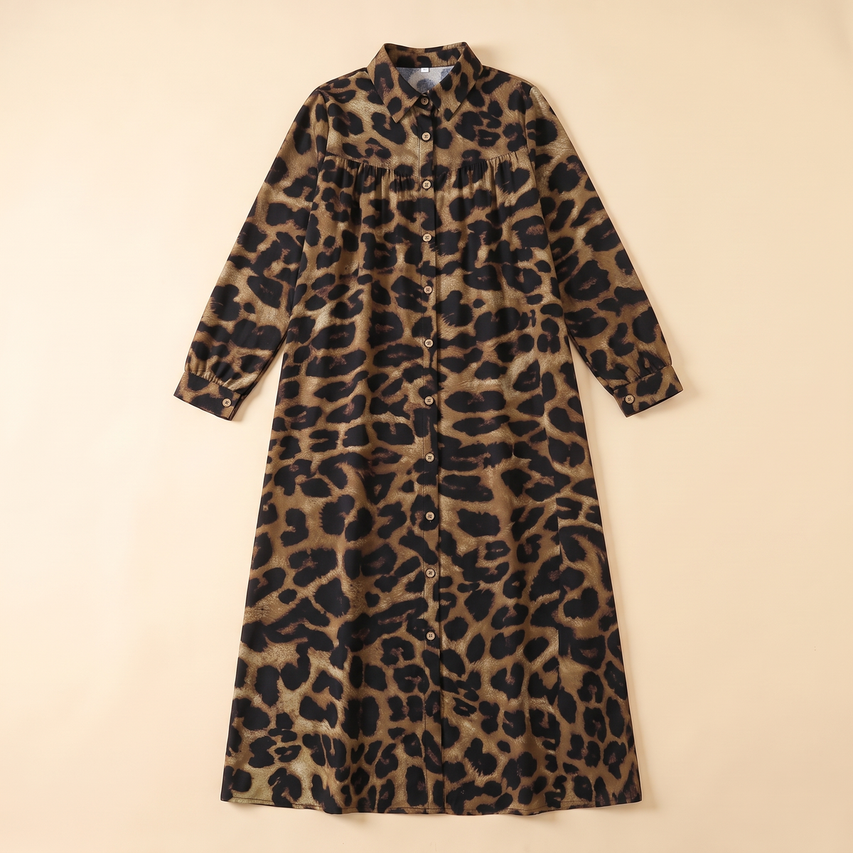SITRĀ Button-Front Shirt Dress Abaya — Coffee Leopard flat lay