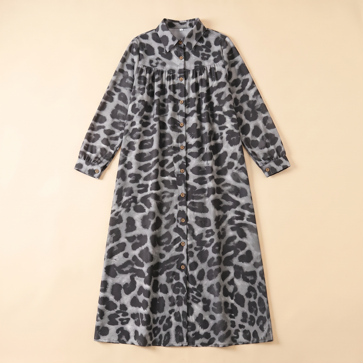SITRĀ Button-Front Shirt Dress Abaya — Grey Leopard flat lay