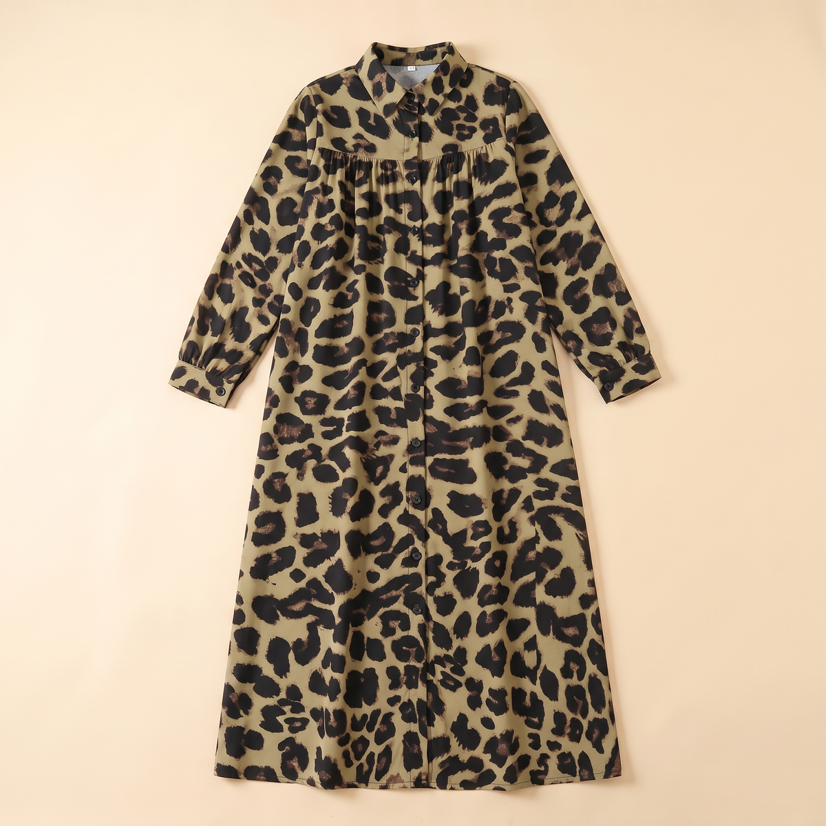 SITRĀ Button-Front Shirt Dress Abaya — Khaki Leopard flat lay