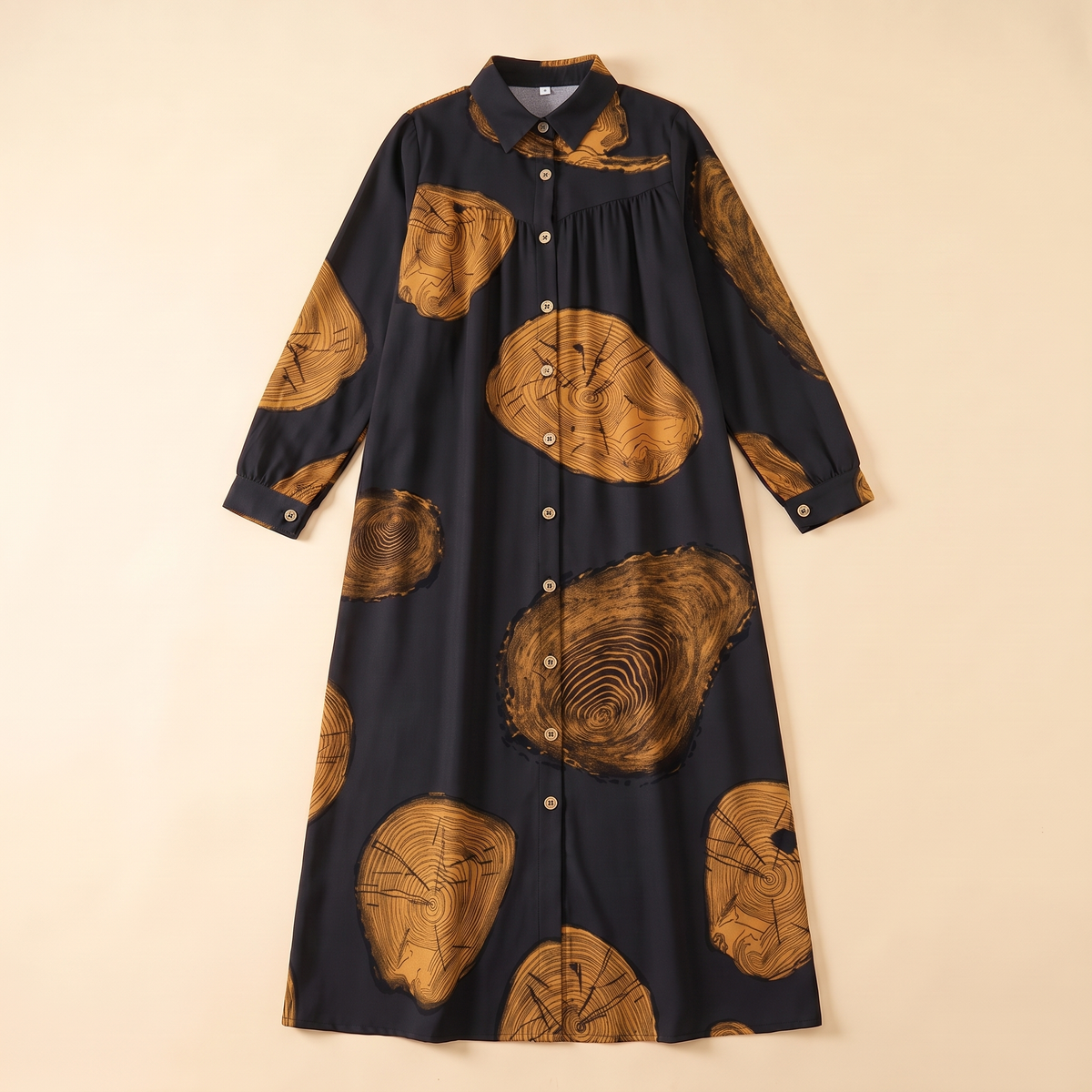 SITRĀ Button-Front Shirt Dress Abaya — Mustard Circle Print flat lay