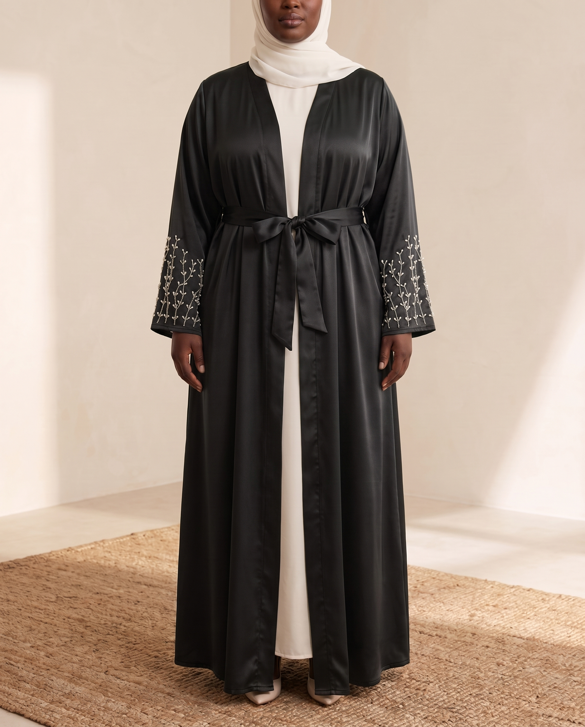 Ceyda Beaded Open Abaya in Black, worn