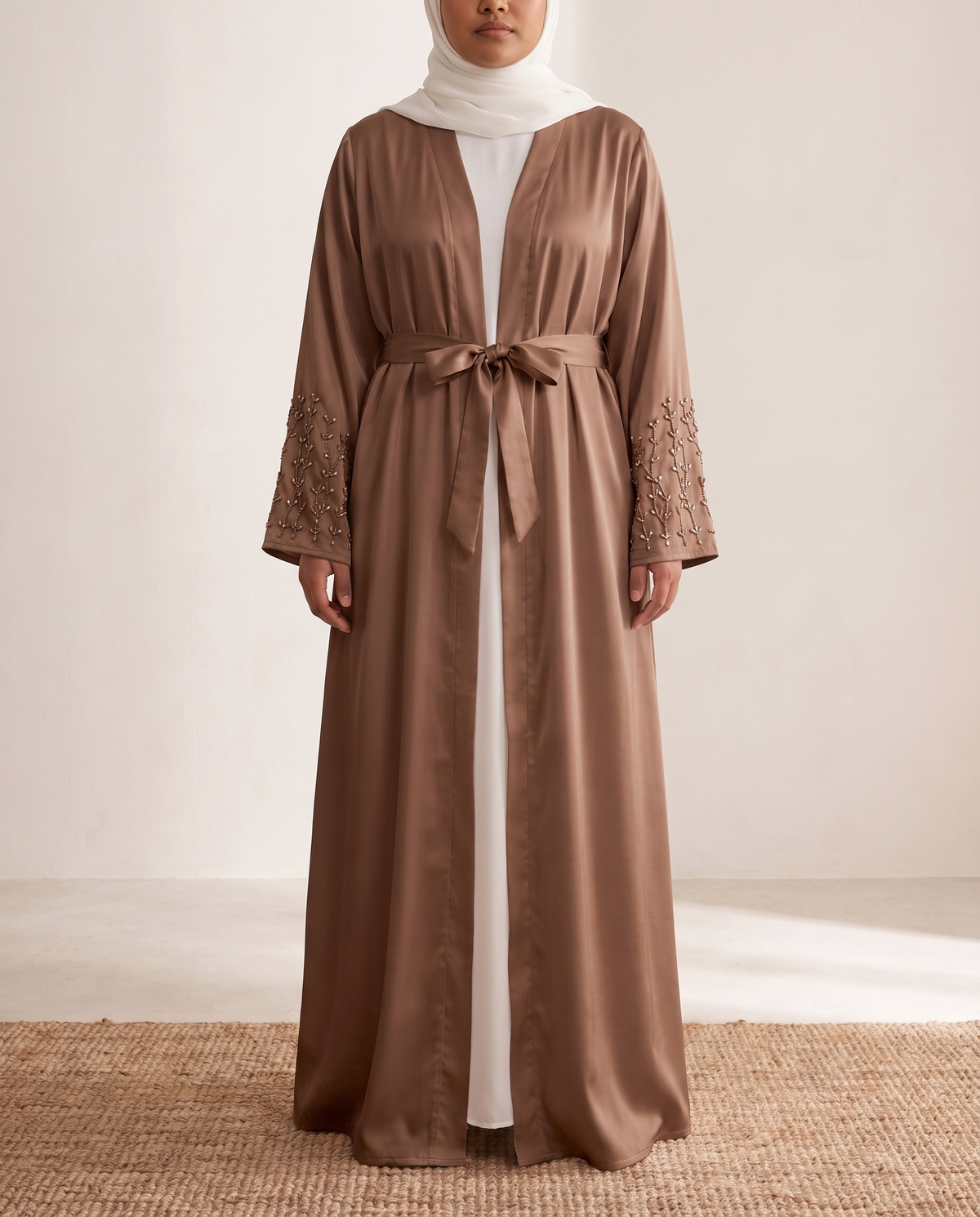 Ceyda Beaded Open Abaya in Coffee, worn