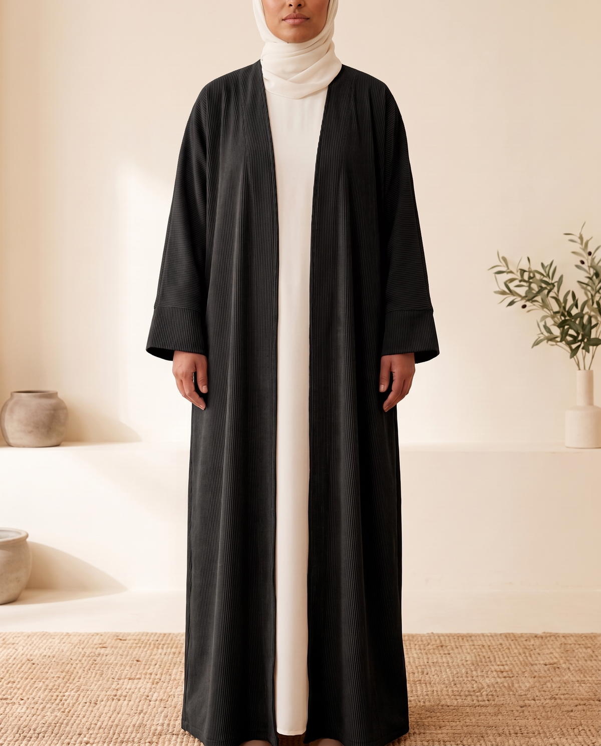 Corduroy Open Abaya in Black, worn