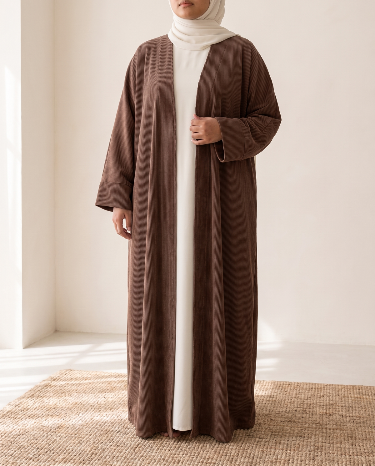 Corduroy Open Abaya in Brown, worn