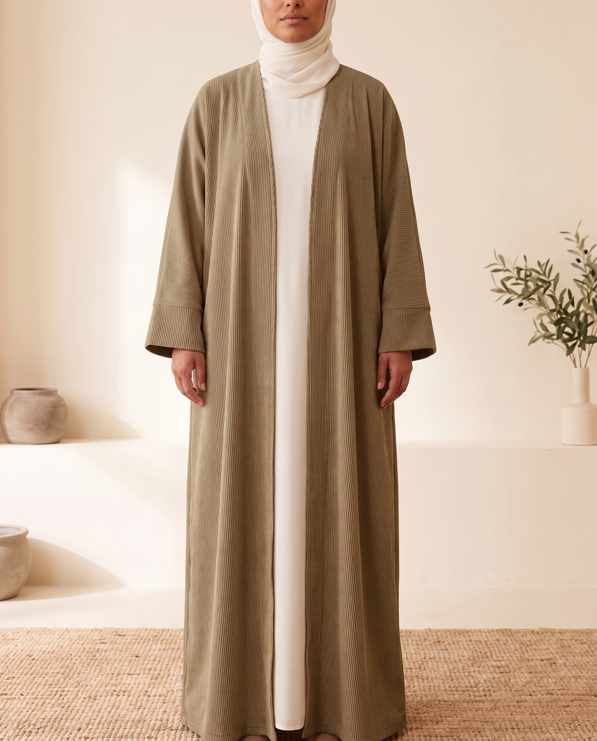 Corduroy Open Abaya in Khaki, worn