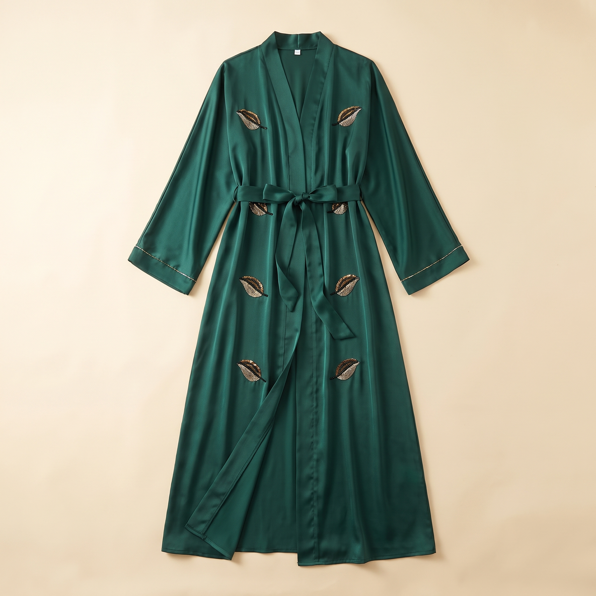 Elif Embroidered Satin Open Abaya in Emerald