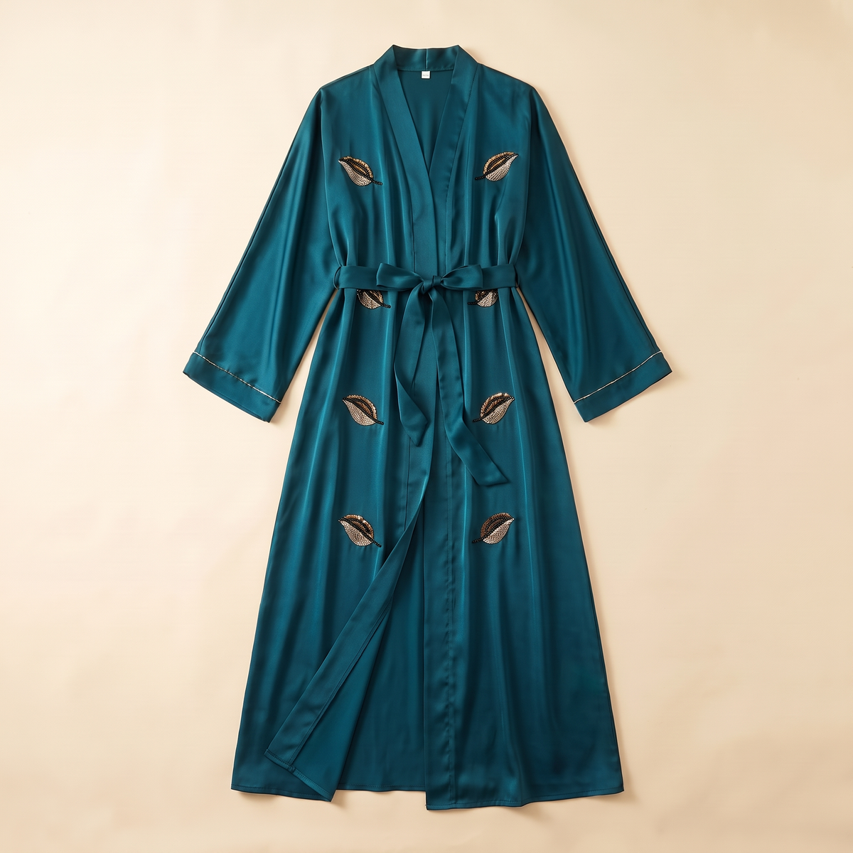 Elif Embroidered Satin Open Abaya in Teal