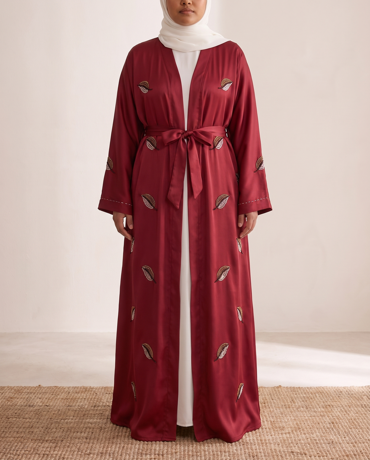 Elif Embroidered Satin Open Abaya in Red, worn