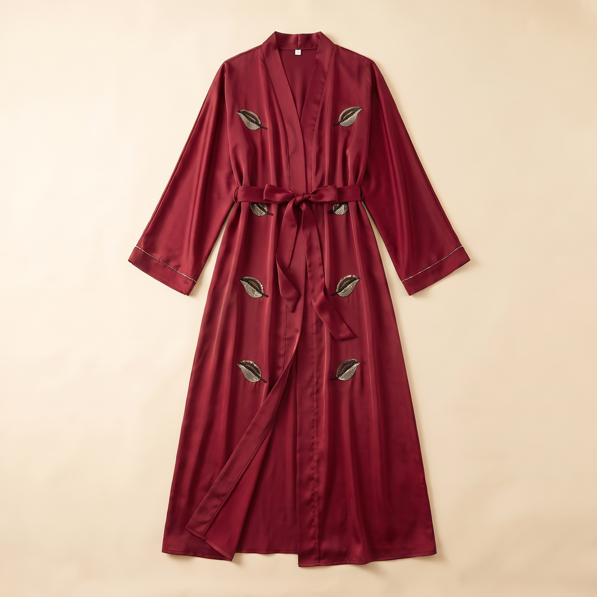 Elif Embroidered Satin Open Abaya in Red