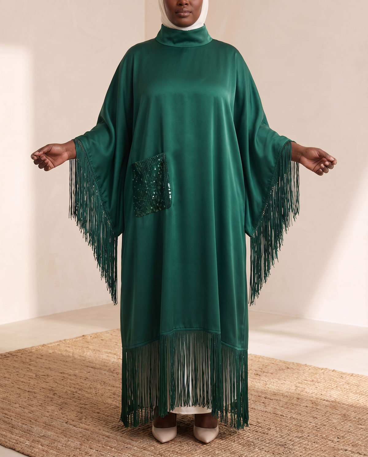 Derya Tasseled Open Abaya in Emerald, worn