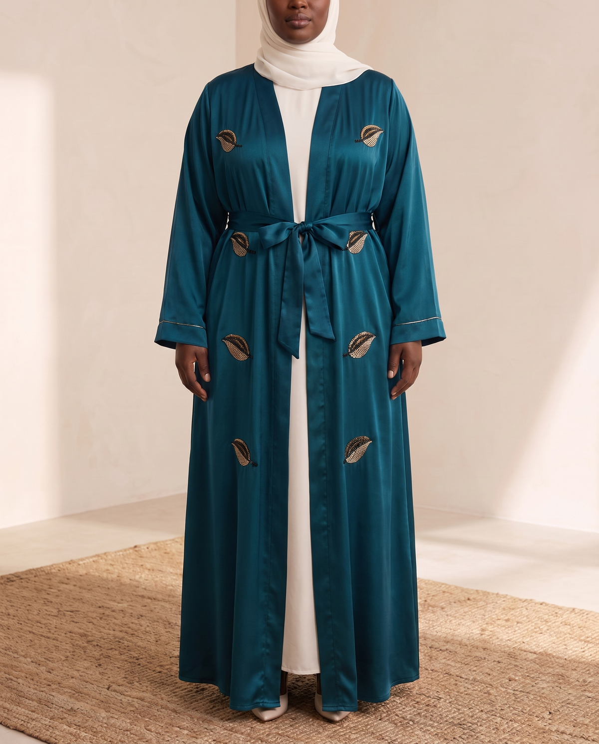 Elif Embroidered Satin Open Abaya in Teal, worn