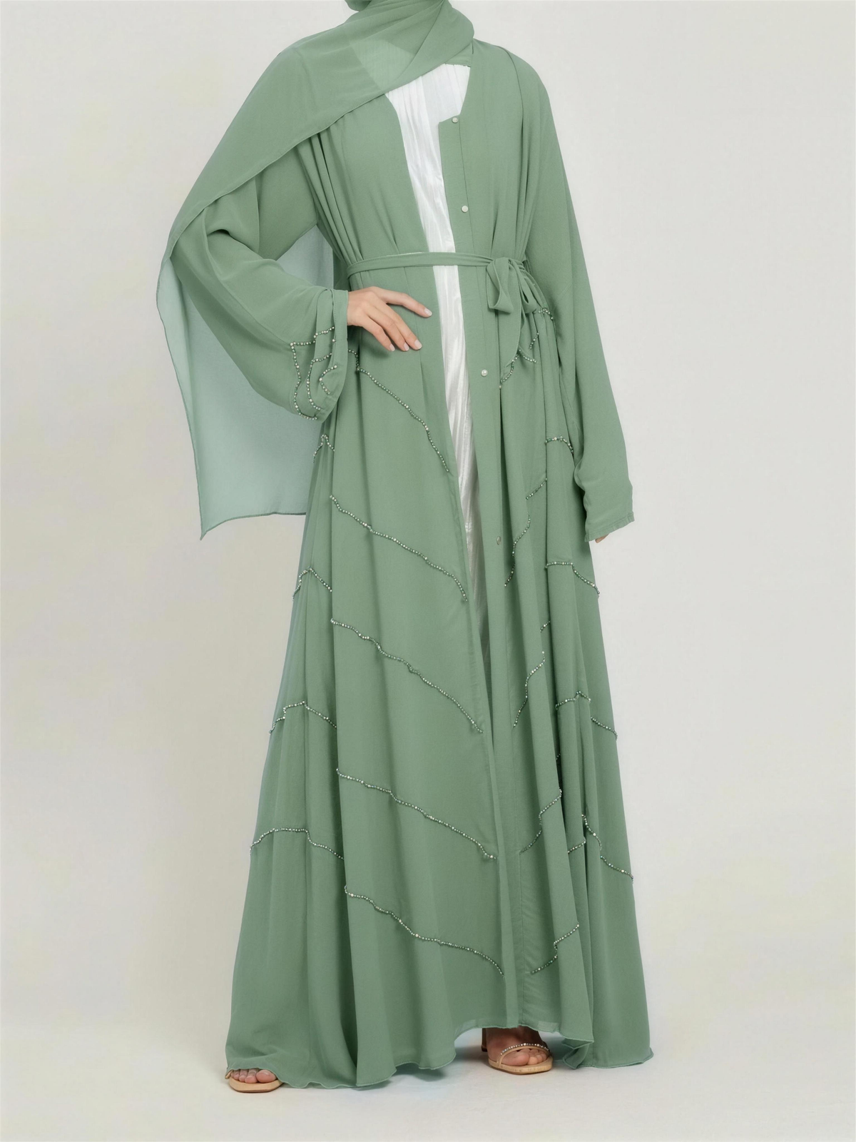 Diamanté-Trimmed Open Abaya, worn