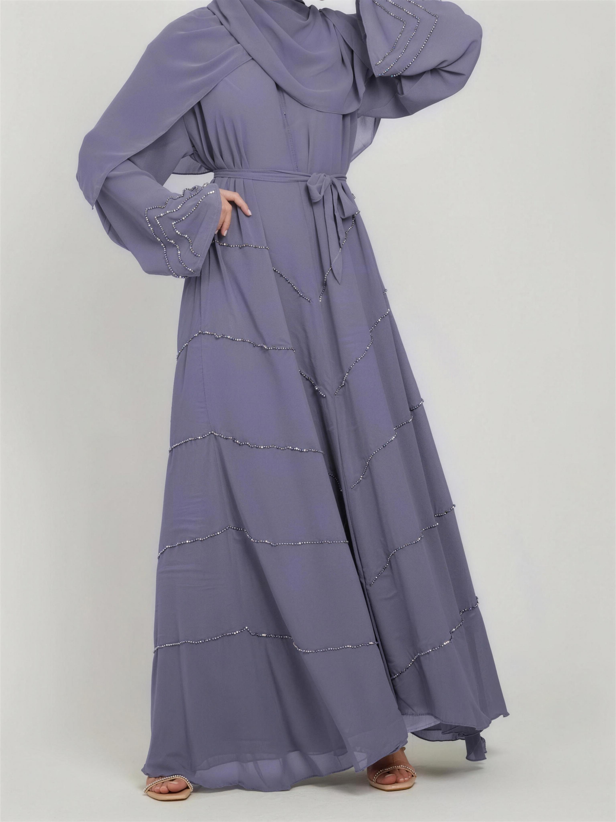 Diamanté-Trimmed Open Abaya, worn