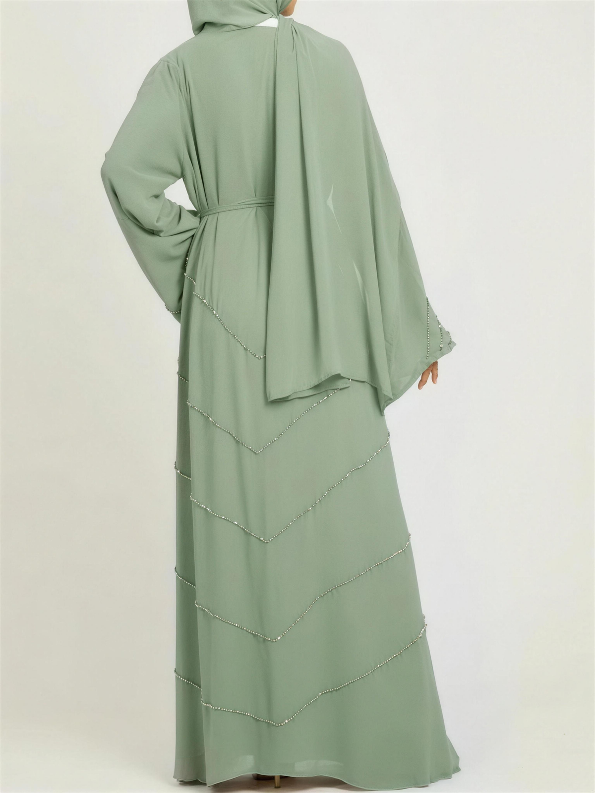 Diamanté-Trimmed Open Abaya, worn