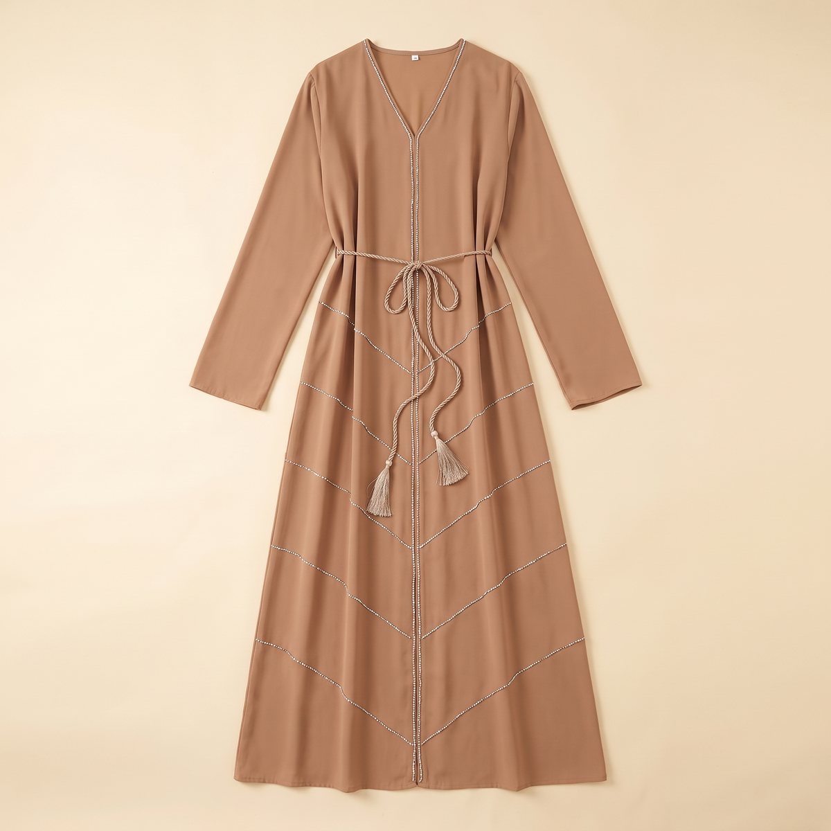 Diamanté-Trimmed Open Abaya in Khaki