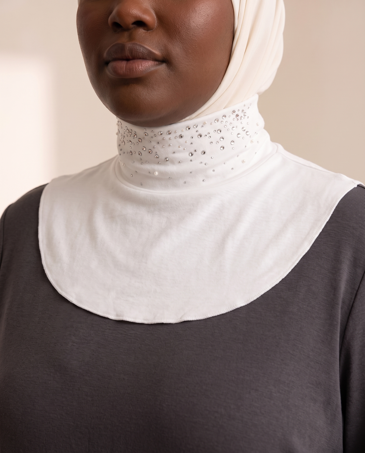 Detachable High-Neck Collar in White Crystal, worn