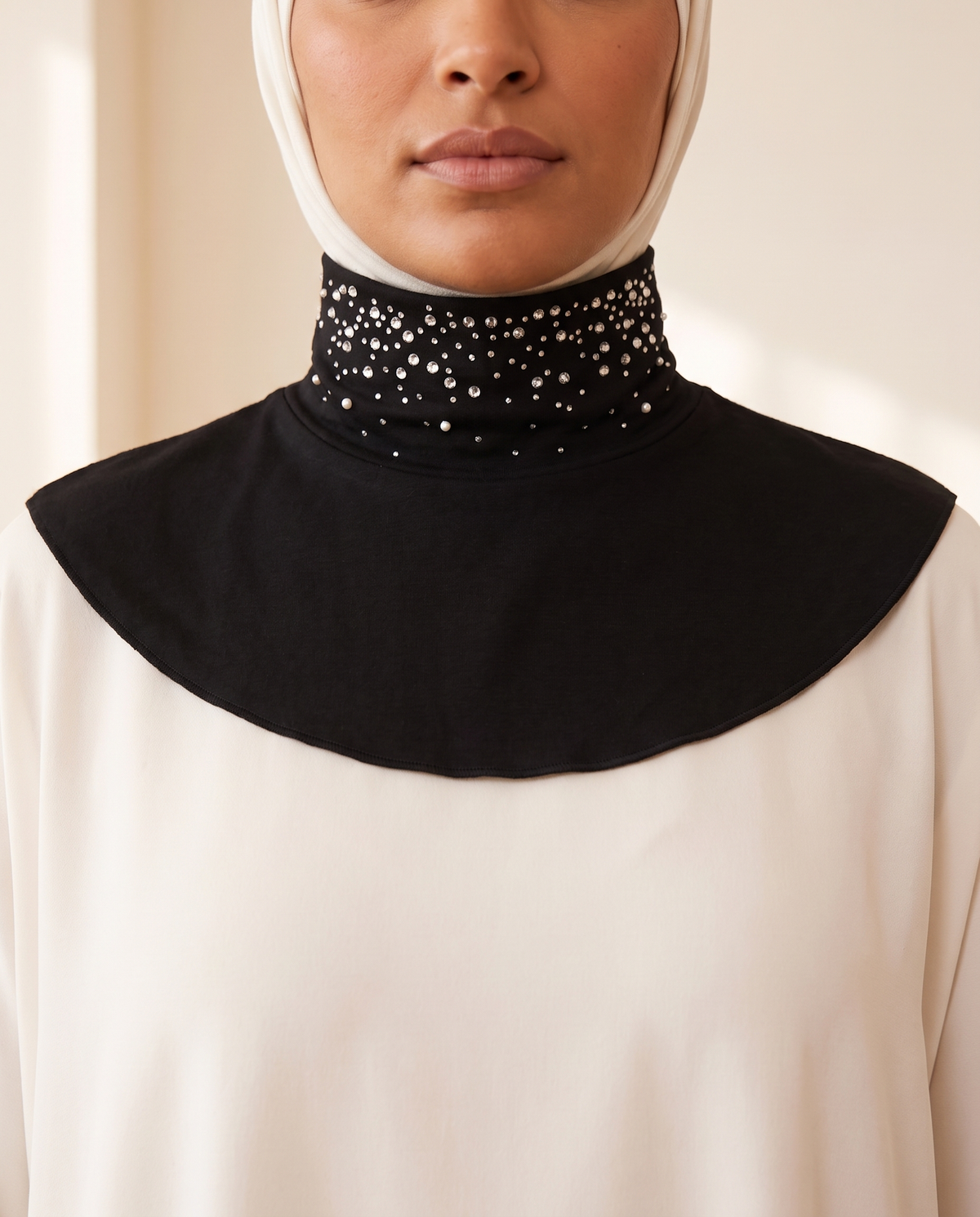 Detachable High-Neck Collar in Black Crystal, worn
