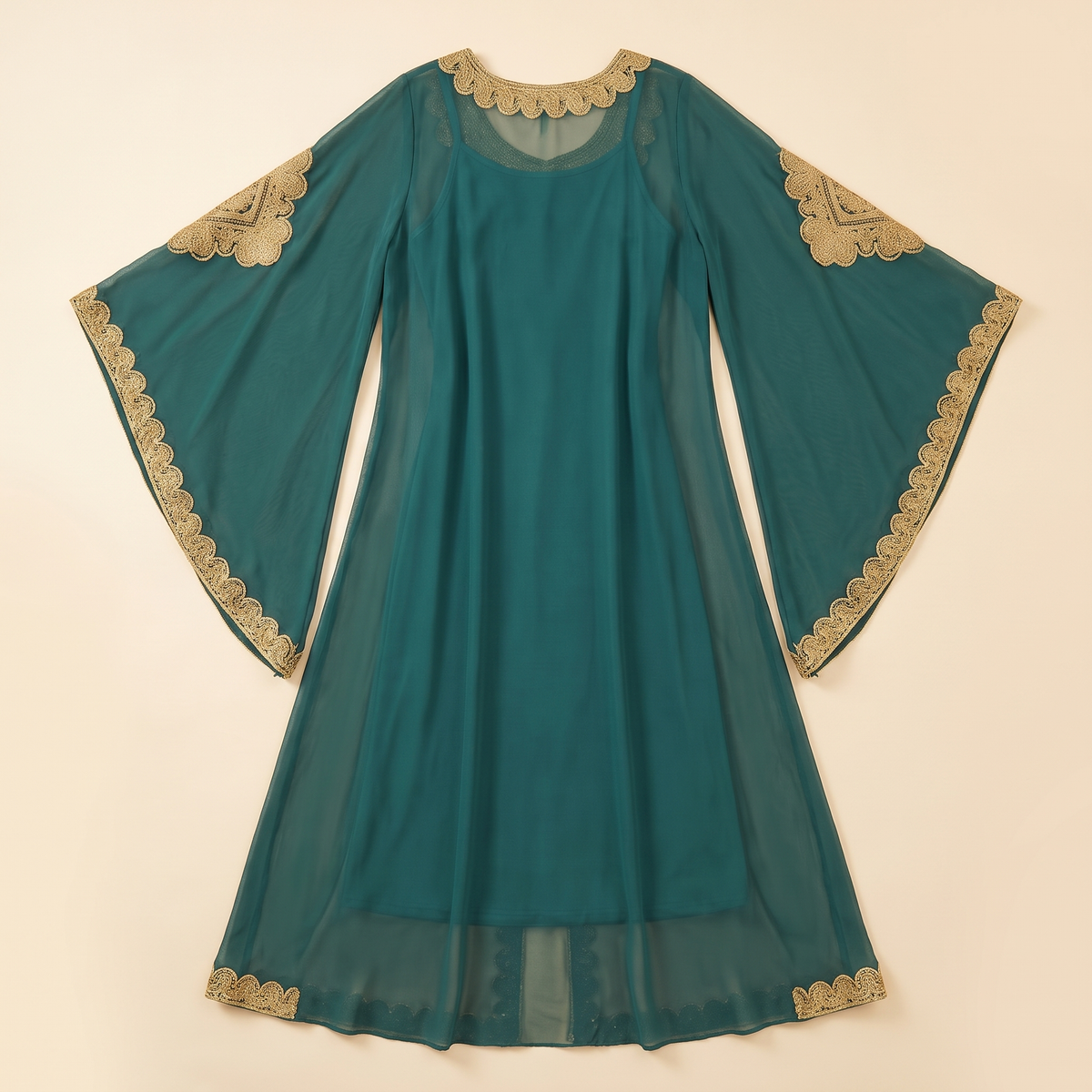 Embroidered Flare-Sleeve Two-Piece Kaftan Set in Teal