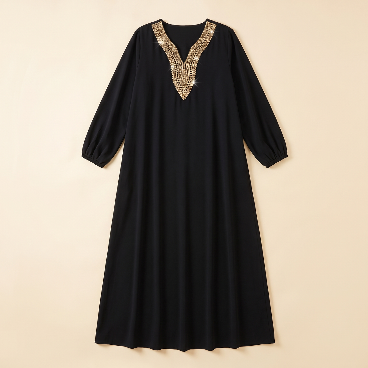 Embellished Long Sleeve Maxi Dress in Black