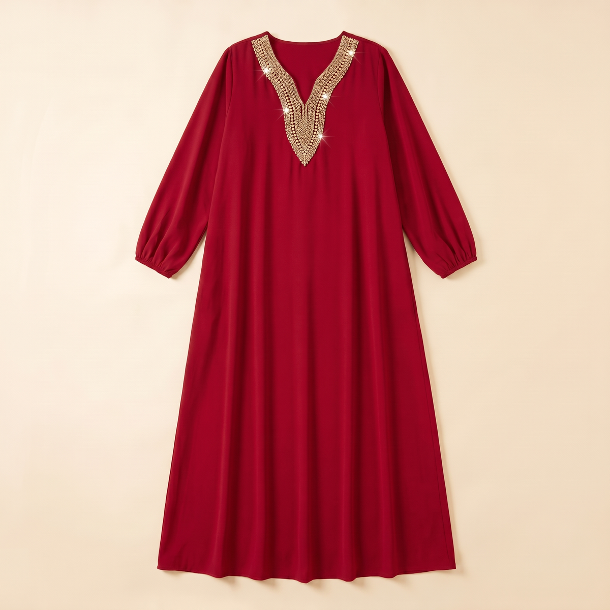 Embellished Long Sleeve Maxi Dress in Red