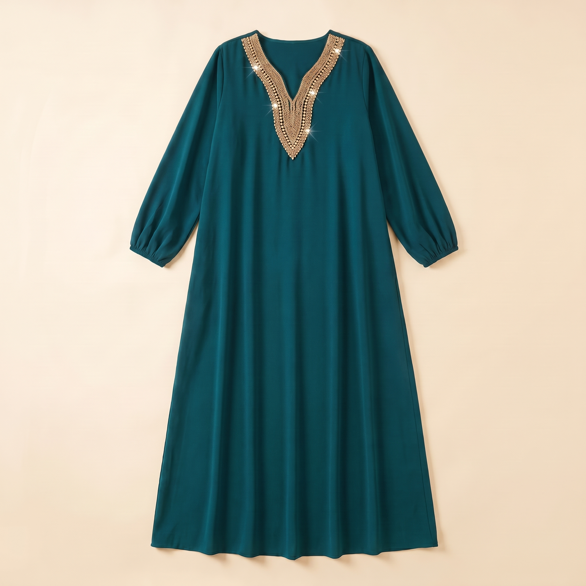 Embellished Long Sleeve Maxi Dress in Teal