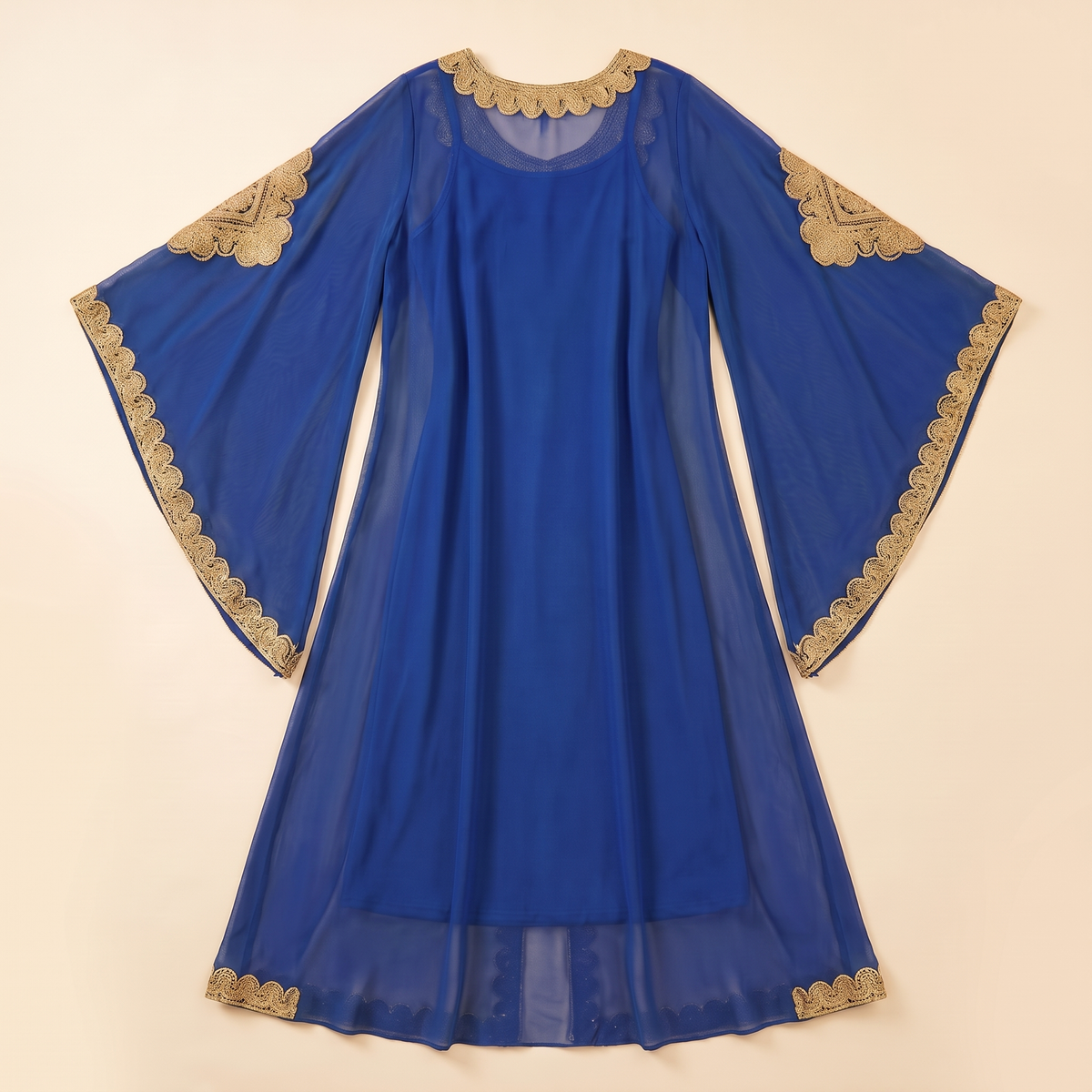 Embroidered Flare-Sleeve Two-Piece Kaftan Set in Royal Blue