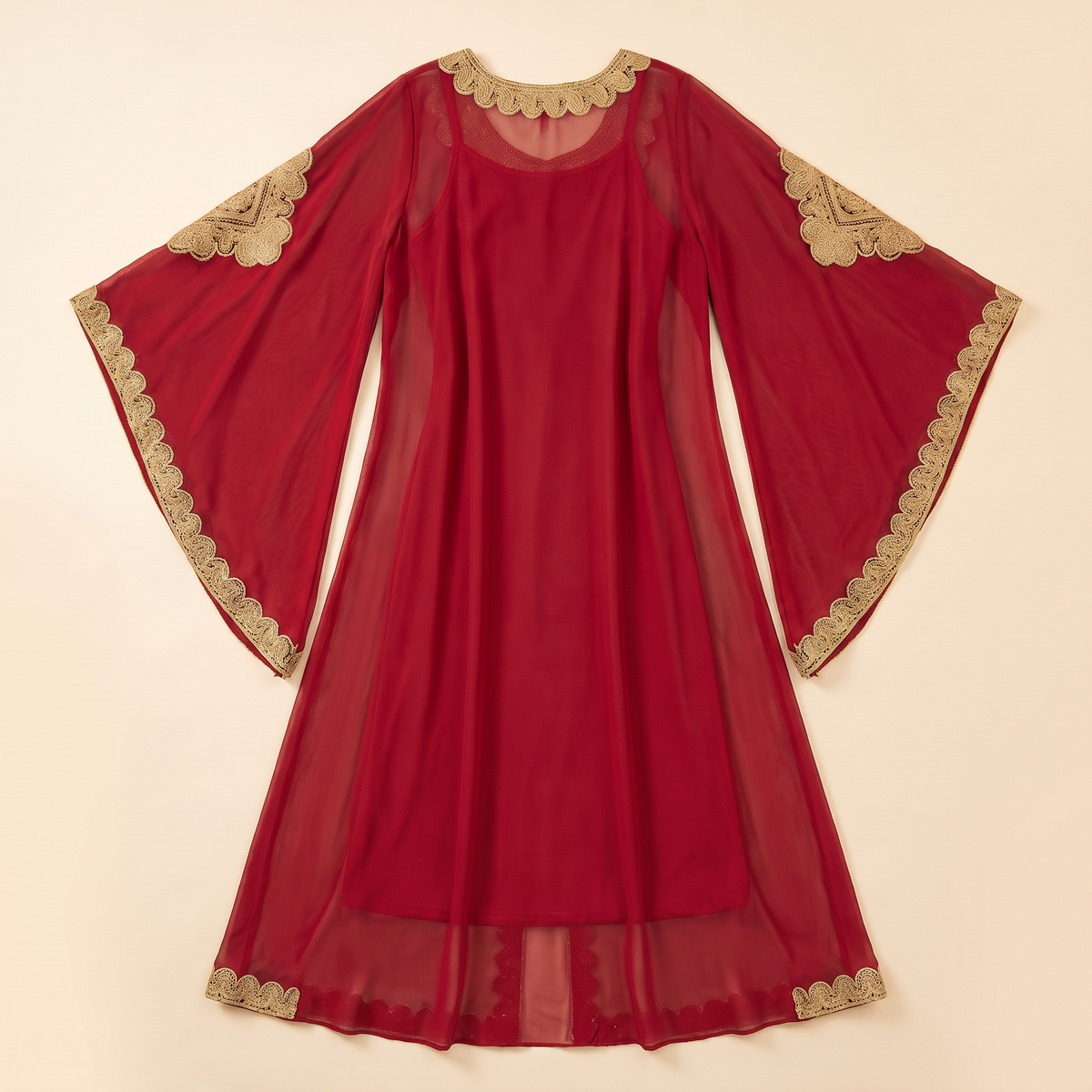 Embroidered Flare-Sleeve Two-Piece Kaftan Set in Red