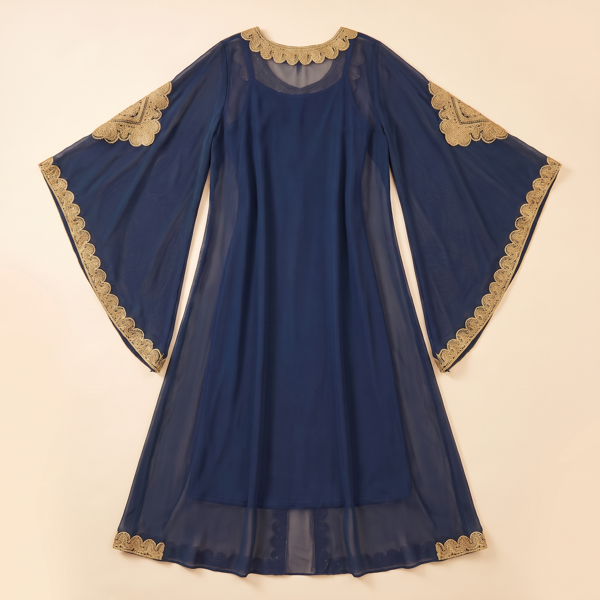 Embroidered Flare-Sleeve Two-Piece Kaftan Set in Navy