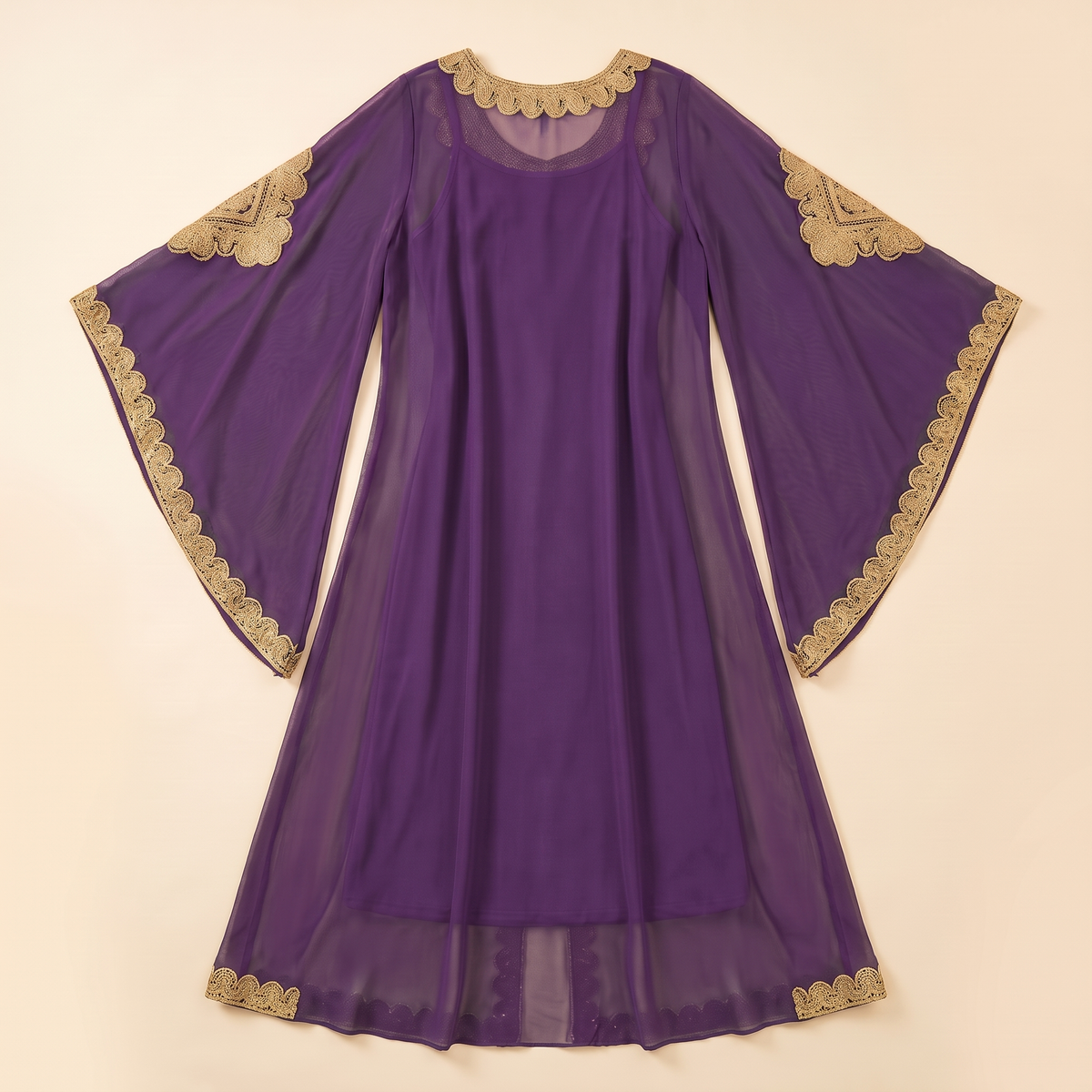 Embroidered Flare-Sleeve Two-Piece Kaftan Set in Purple