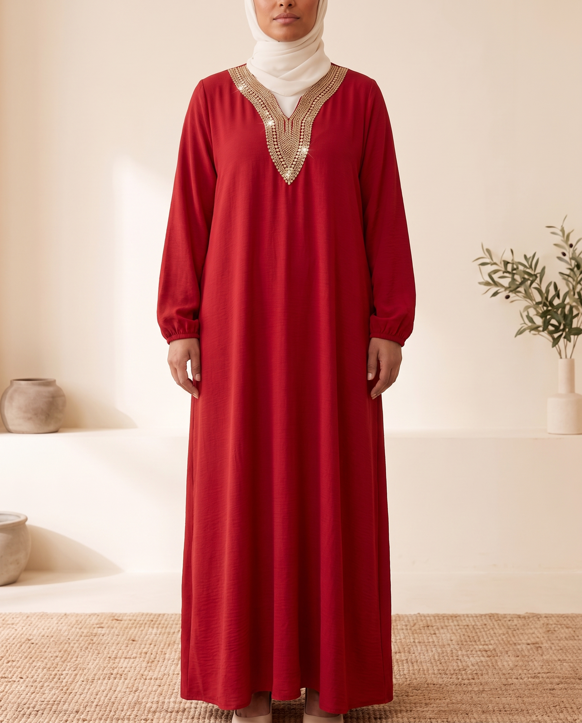 Embellished Long Sleeve Maxi Dress in Red, worn