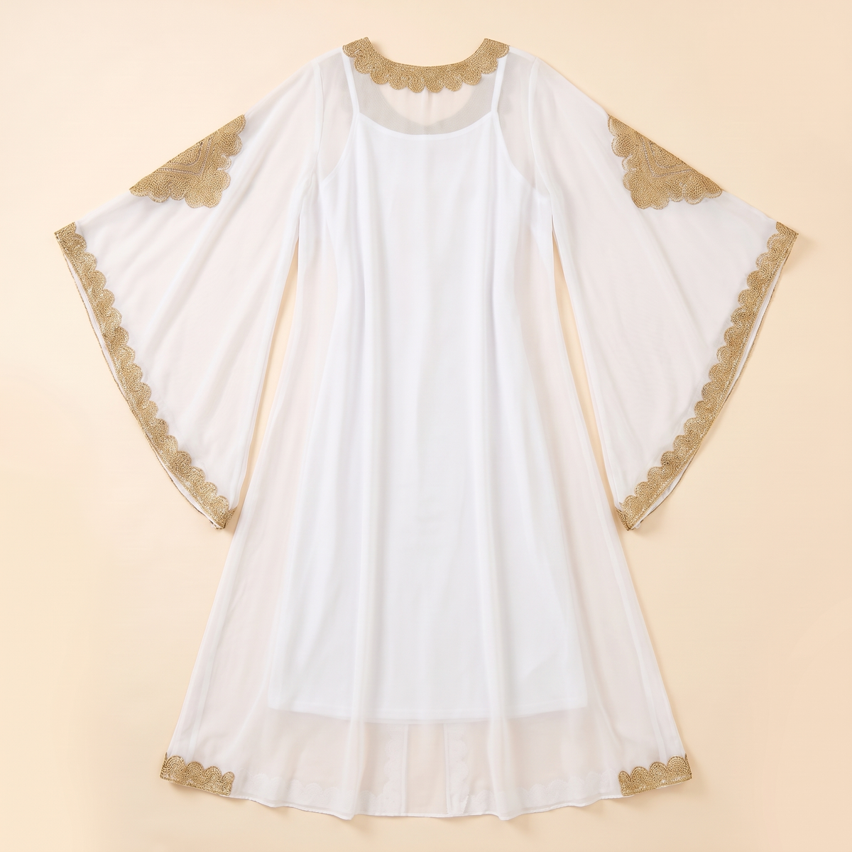 Embroidered Flare-Sleeve Two-Piece Kaftan Set in White