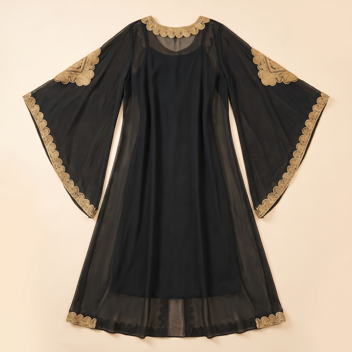 Embroidered Flare-Sleeve Two-Piece Kaftan Set in Black
