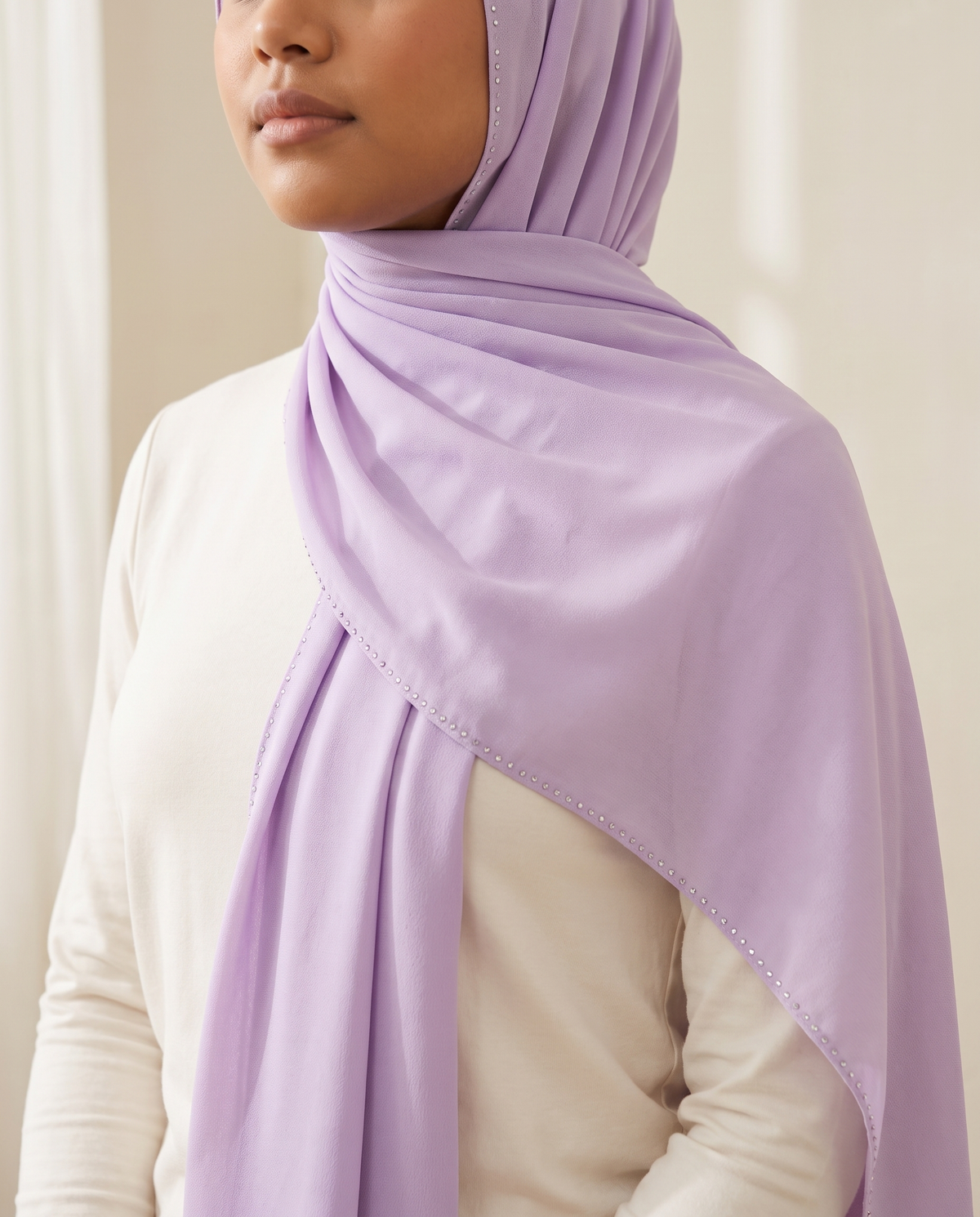 Draped Shayla Wrap Instant Hijab in Lilac, worn
