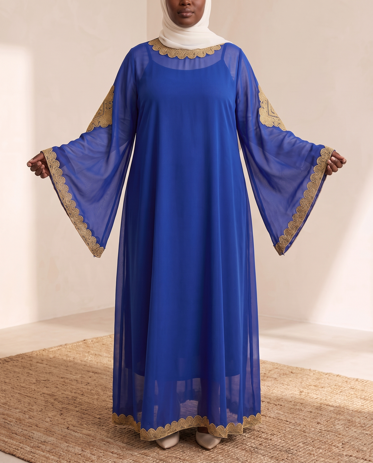 Embroidered Flare-Sleeve Two-Piece Kaftan Set in Royal Blue, worn