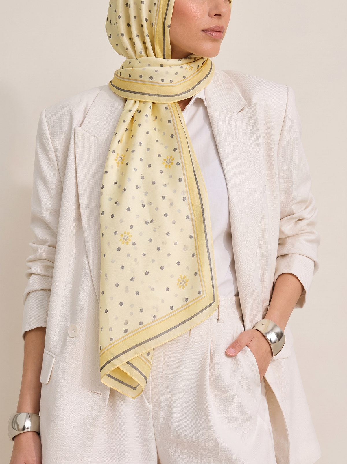 Everyday Printed Hijab Shawl – Cream Dot, worn