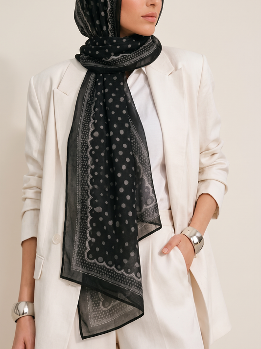 Everyday Printed Hijab Shawl – Black Dot, worn