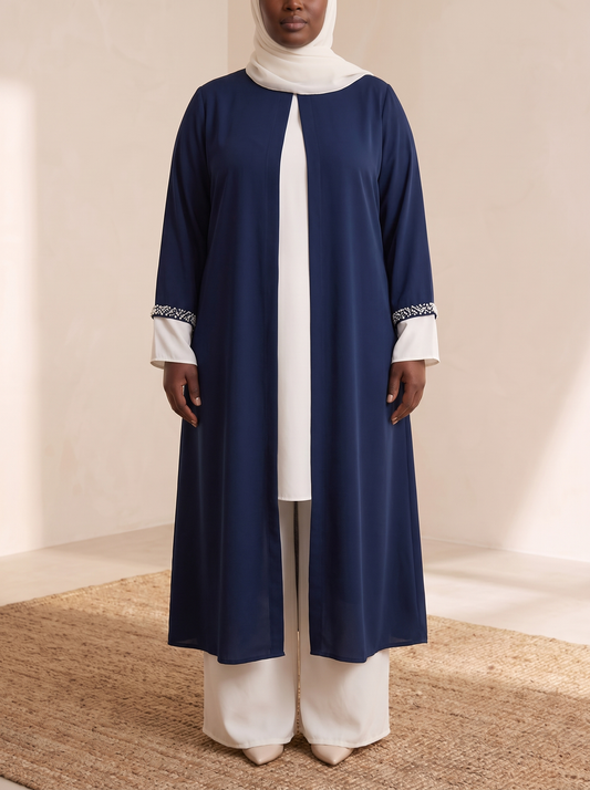 Everyday Kimono Open Abaya – Blue, on model
