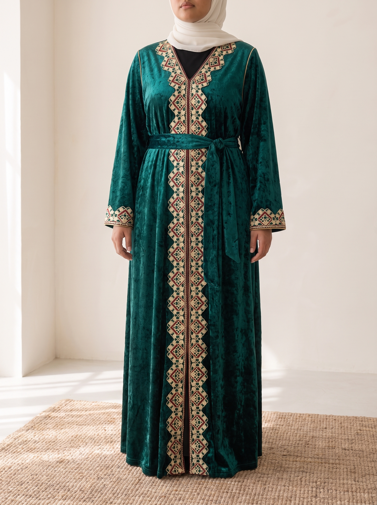 Farah Embroidered Velvet Abaya – Green, on model