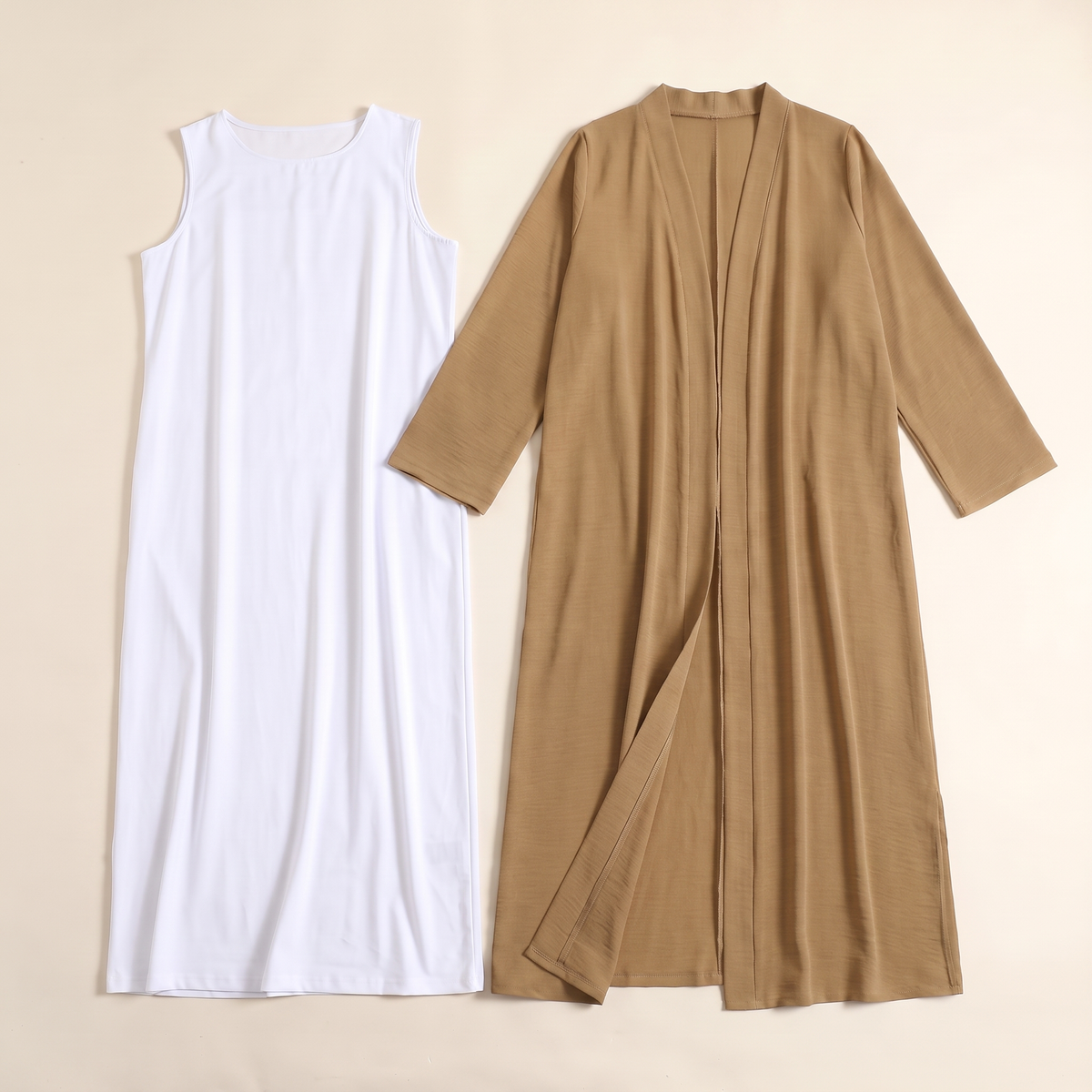 Everyday Two-Piece Open Abaya Set – Khaki