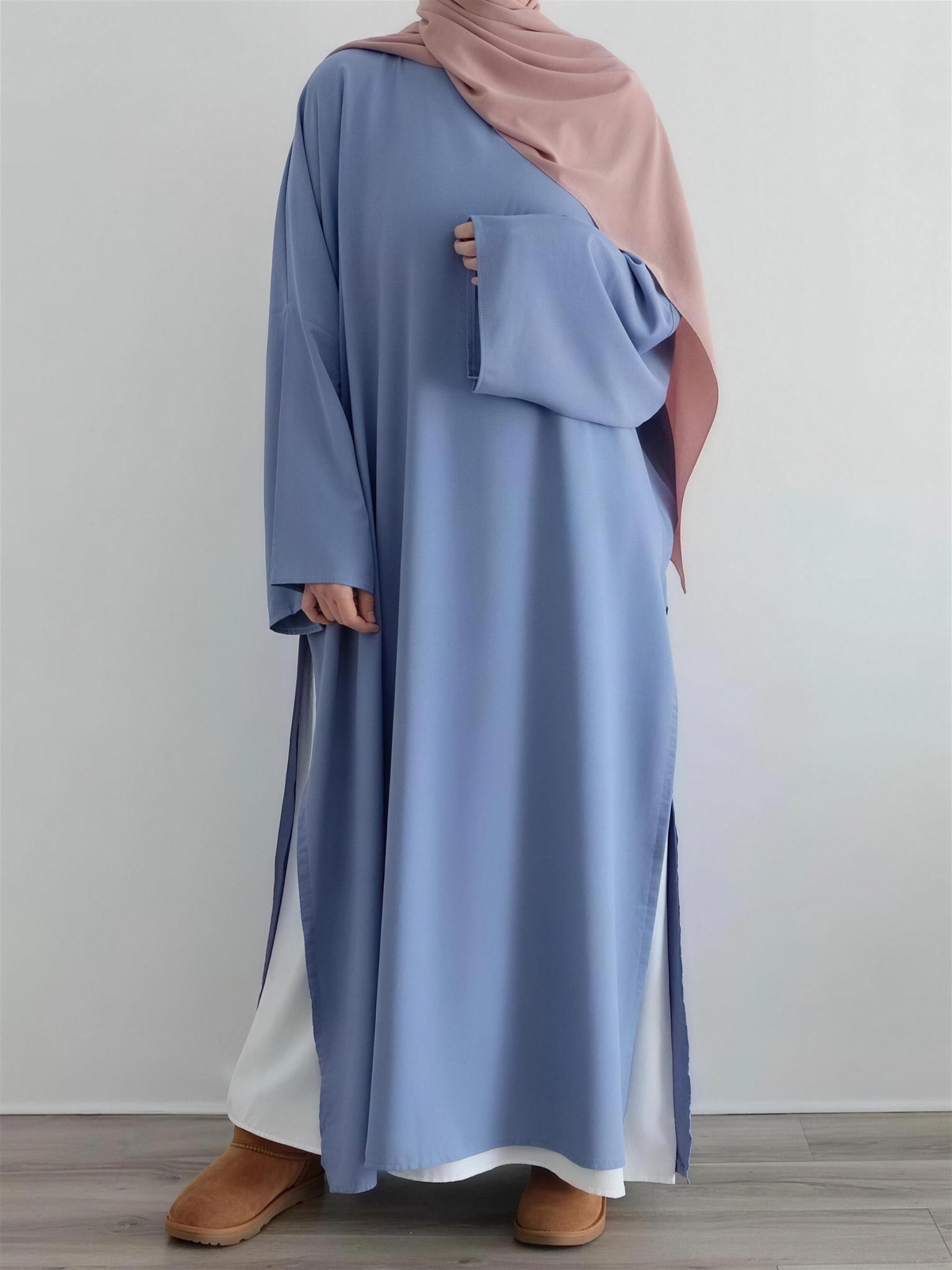Everyday Two-Piece Open Abaya Set – Blue, on model