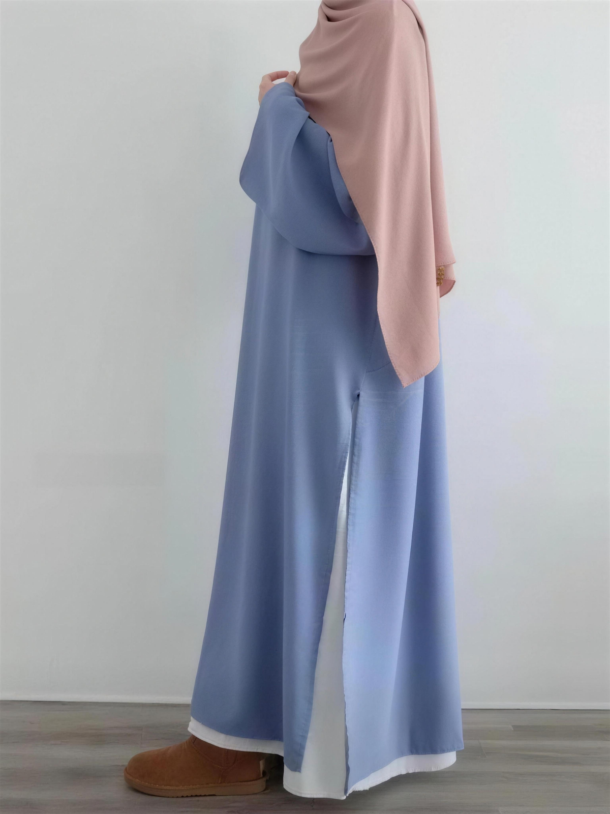 Everyday Two-Piece Open Abaya Set – Blue, on model