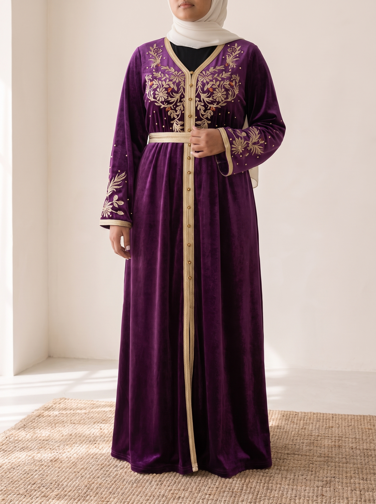 Jamila Embroidered Velvet Abaya – Purple, on model