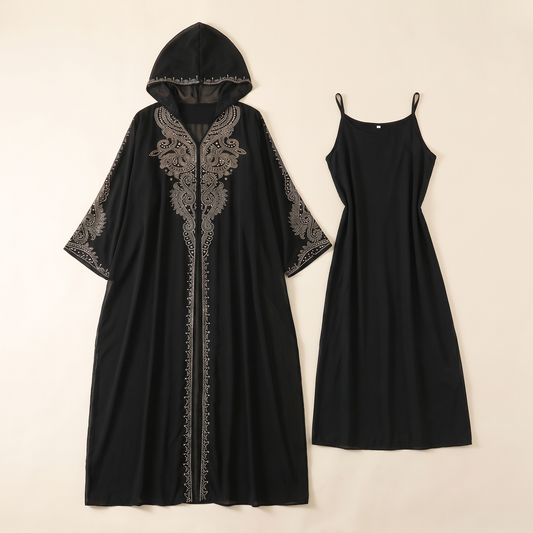 Hooded Two-Piece Abaya Set – Black