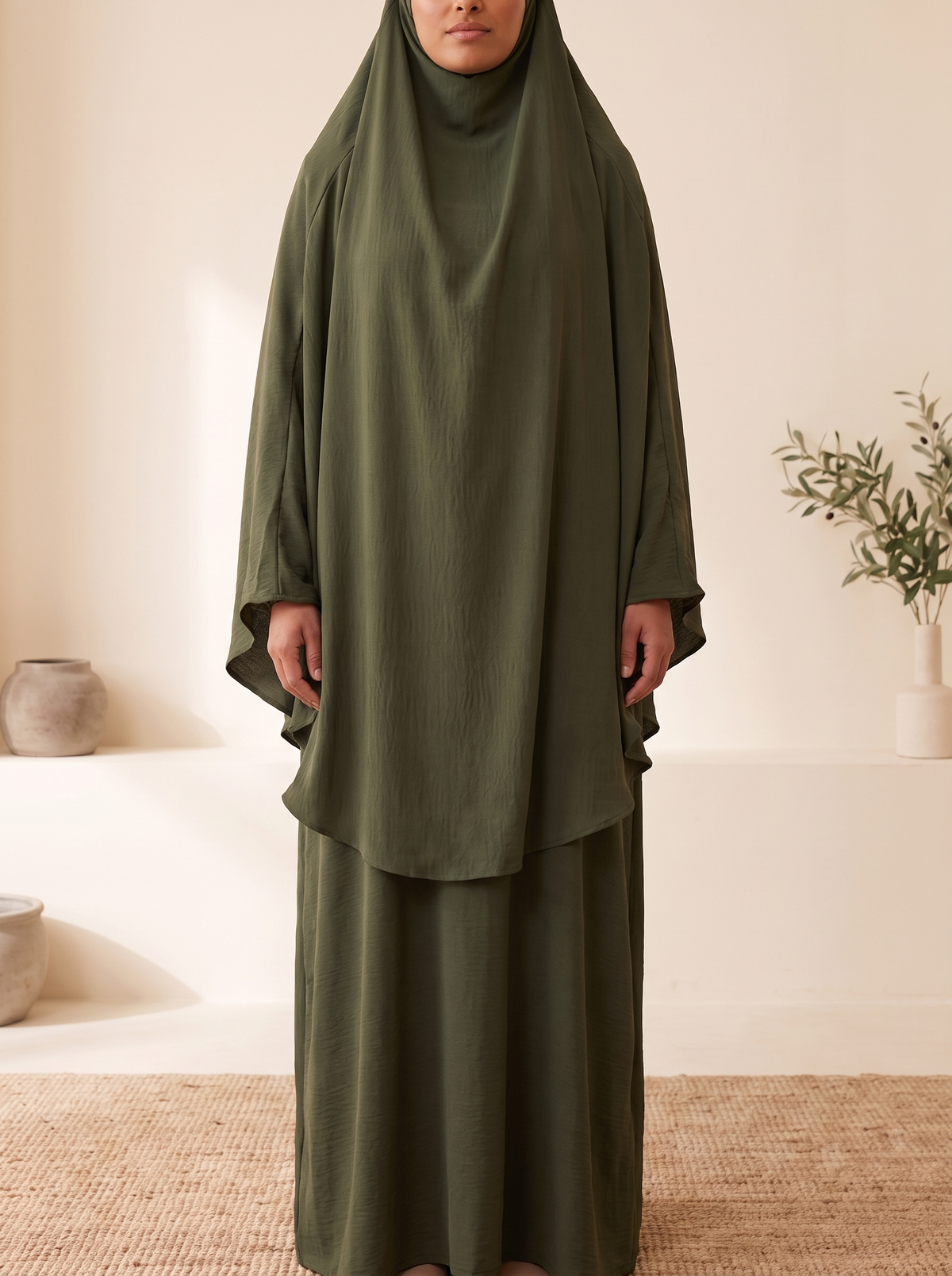 Full-Cover Khimar Prayer Set – Army Green, on model