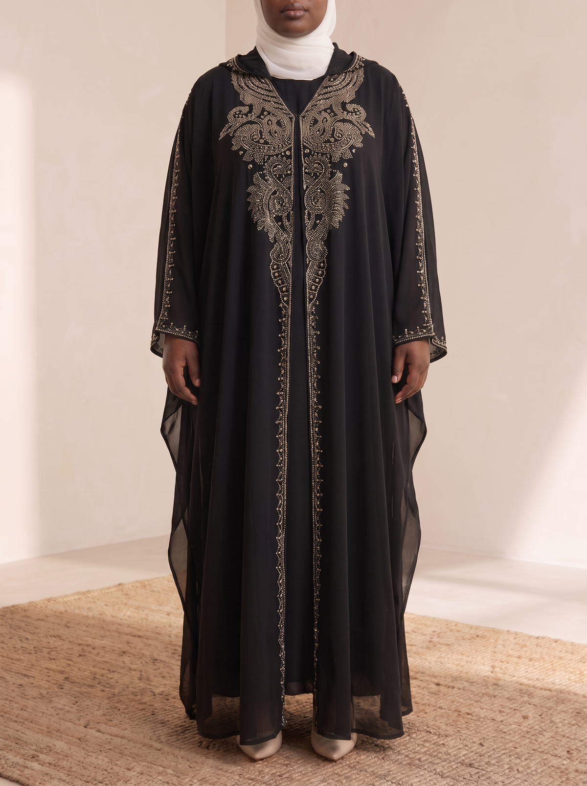 Hooded Two-Piece Abaya Set – Black, on model