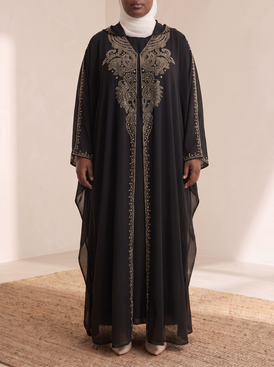 Hooded Two-Piece Abaya Set – Black, on model